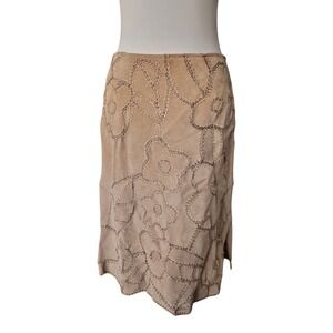 Suedessence Tan Genuine Leather Embroidered Patchwork Skirt Size 8